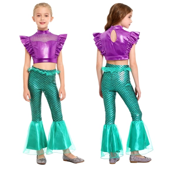 Aislor Girls Mermaid Two Piece Outfit Iridescent Cap Sleeve Crop Top with Flared Fishtail Bottoms Purple Mint Green 14
