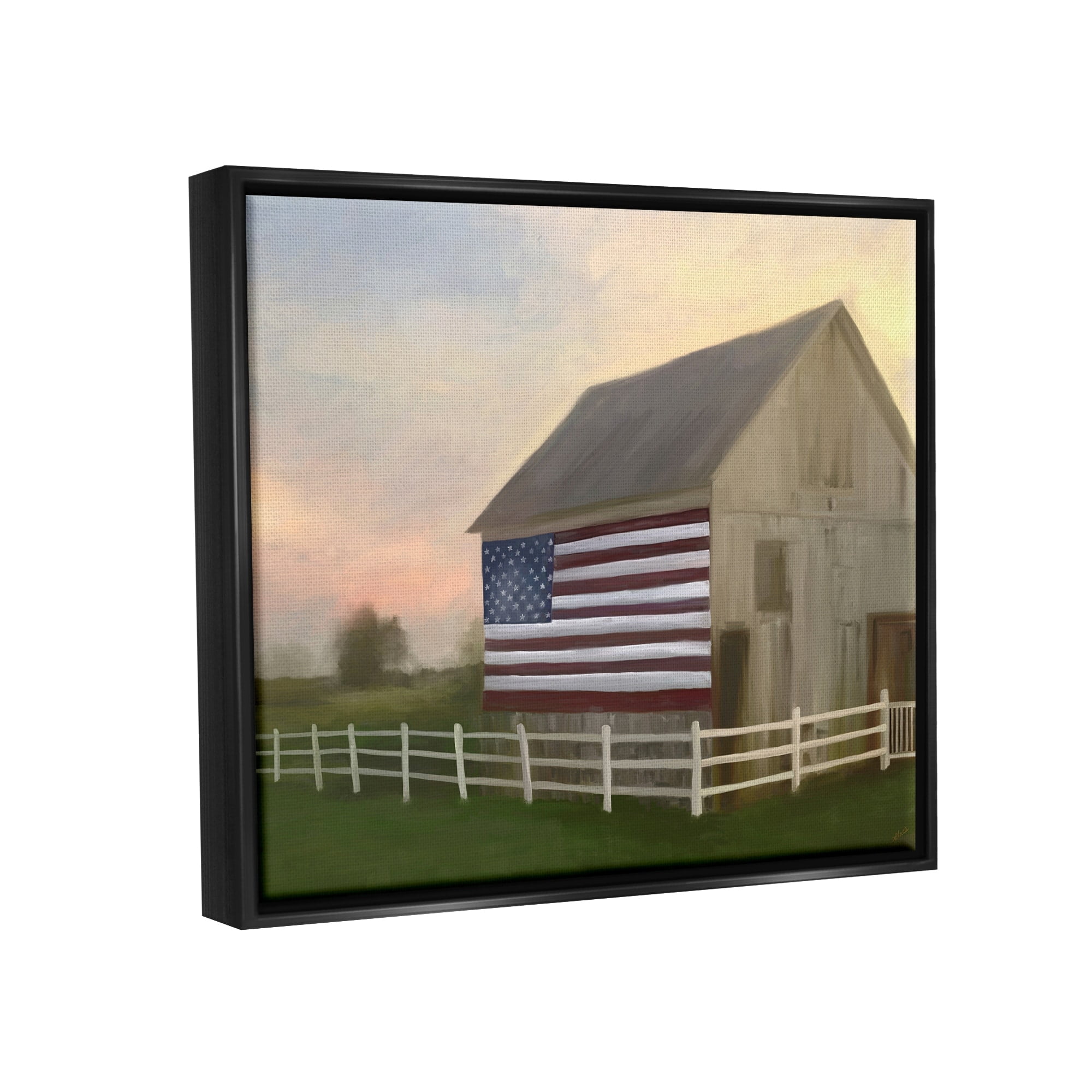 Stupell Industries American Flag Rural Barn Sunset Farm Landscape Painting Metallic Gold Floating Framed Canvas Print Wall Art, Design by Amy Hall