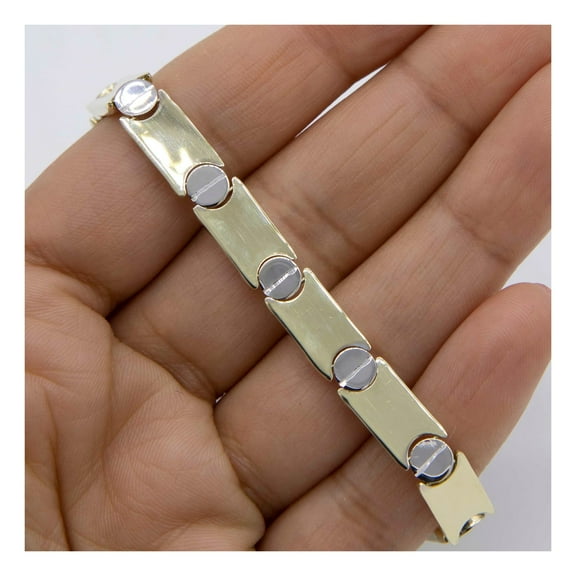 7.5mm Reversible Screw Link Design Women’s Adult Bracelet 10K Yellow White Gold,5.10 Gr -Goldum NYC