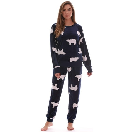 

#followme Women’s Jogger Pajama Pants Set Ultra-Soft Velour PJs (Navy - Polar Bear Small)