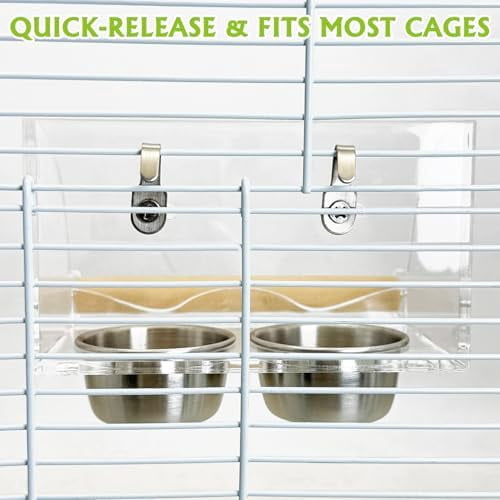 Bird Feeder for Cage with Double Stainless Steel Food & Water Bowls Anti-Slip Wood Perch Stand with No Mess Acrylic Seed Catcher for Parrot, Budgie, Parakeet, Lovebird, Canary, Finch (Hook)