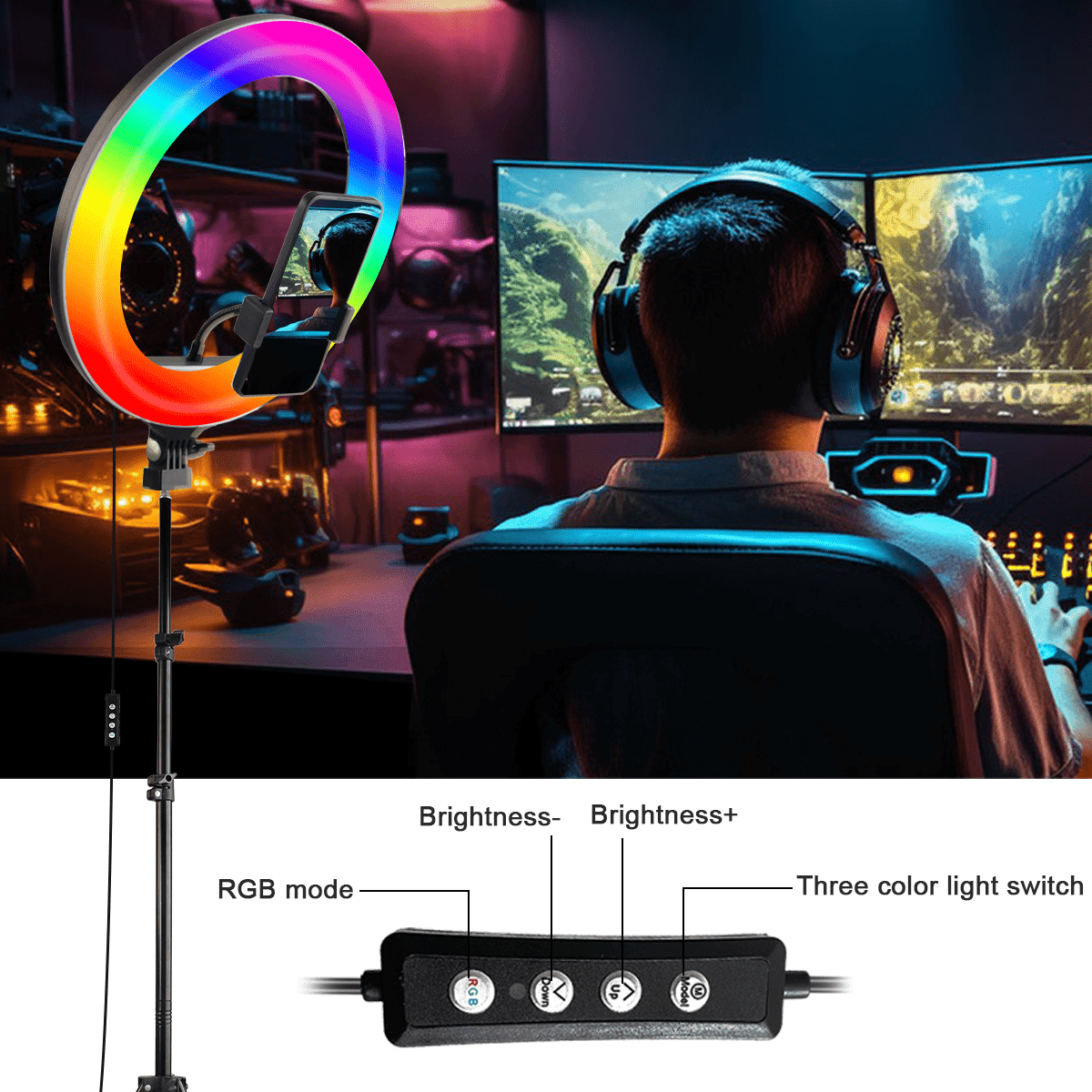 10-inch adjustable RGB LED ring light with a 63-inch telescoping stand—featuring stepless dimming, ideal for professional Zoom meetings in low-light environments