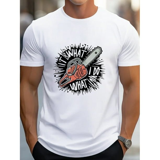 Men's Casual Chainsaw Typography Print Tee - Soft Cotton, Short Sleeve, Round Neck T-Shirt for Summer