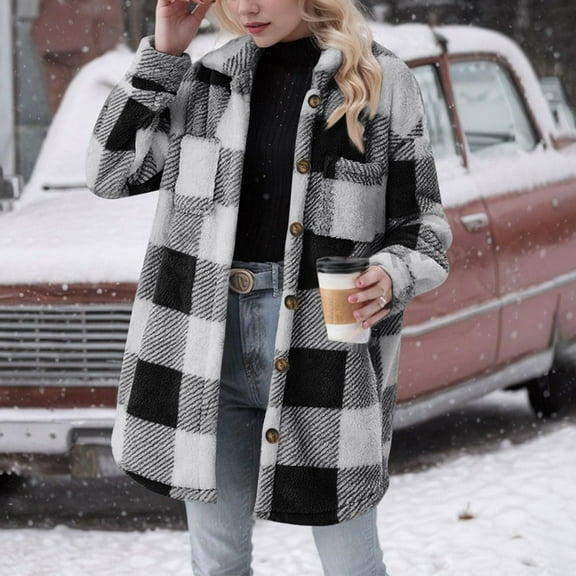 Oksale Plus Size Check Jackets for Women with Pockets Mid Length Plaid Jacket Shacket Casual Button Down Lapel Coats Warm Winter Overcoats Soft Cozy Fashion Outerwear Black S
