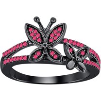 925 Sterling Silver 14K Black Gold Plating Round Cut Gemstone Pink Ruby Butterfly Engagement Ring For Women
