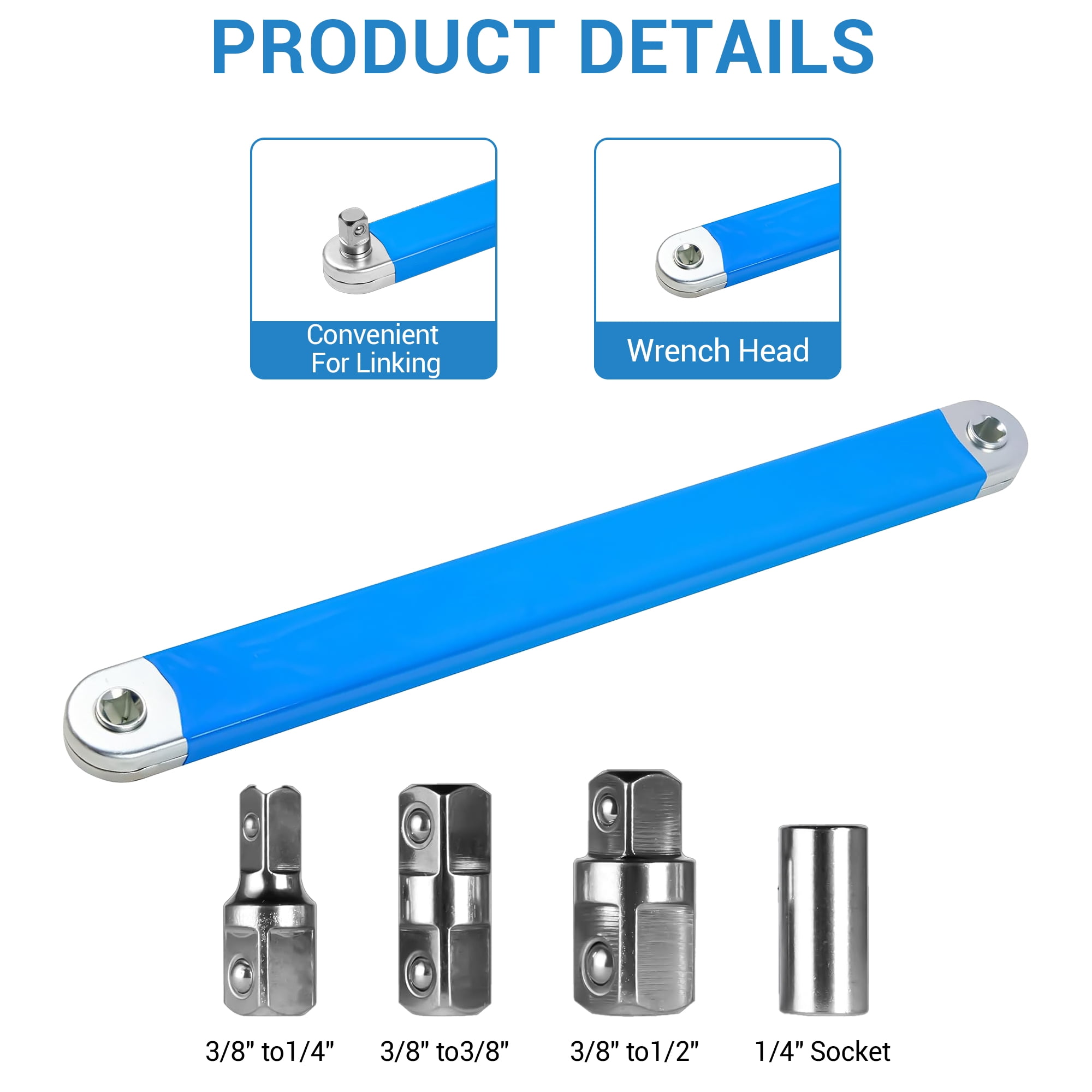 1 Pack Offset Wrench Extension Tool Set with 1/4", 3/8" & 1/2" Drive Adapters, 15 Inch Breaker Bar Extension, High Carbon Steel Torque Wrench Extender for Tight Spaces, Automotive Repair Hand Tool