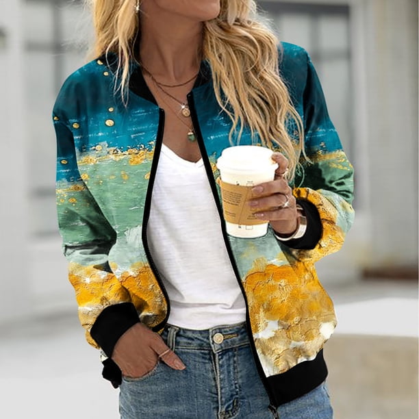 ICHUANYI Clearance Women's Casual Temperament Fashion Stand Collar With Pocket Zipper Jacket Printed Long Sleeve Casual Jacket(Light Blue, L) ICHUANYI WER2023080915160