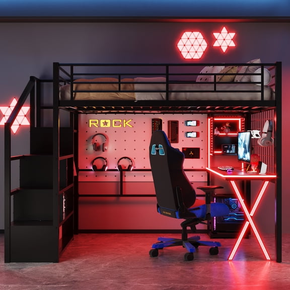 Euroco Full Size Loft Bed with Built-in Desk and Shelves, Metal Gaming Bed with Wardrobe and LED L ight, Black