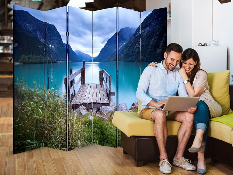 6 Panels Privacy Screen Room Divider Partition with Lake Dock Canvas, Water Resistant for Living Room, Bathroom, Home Office or College Dorm, Wood Frame