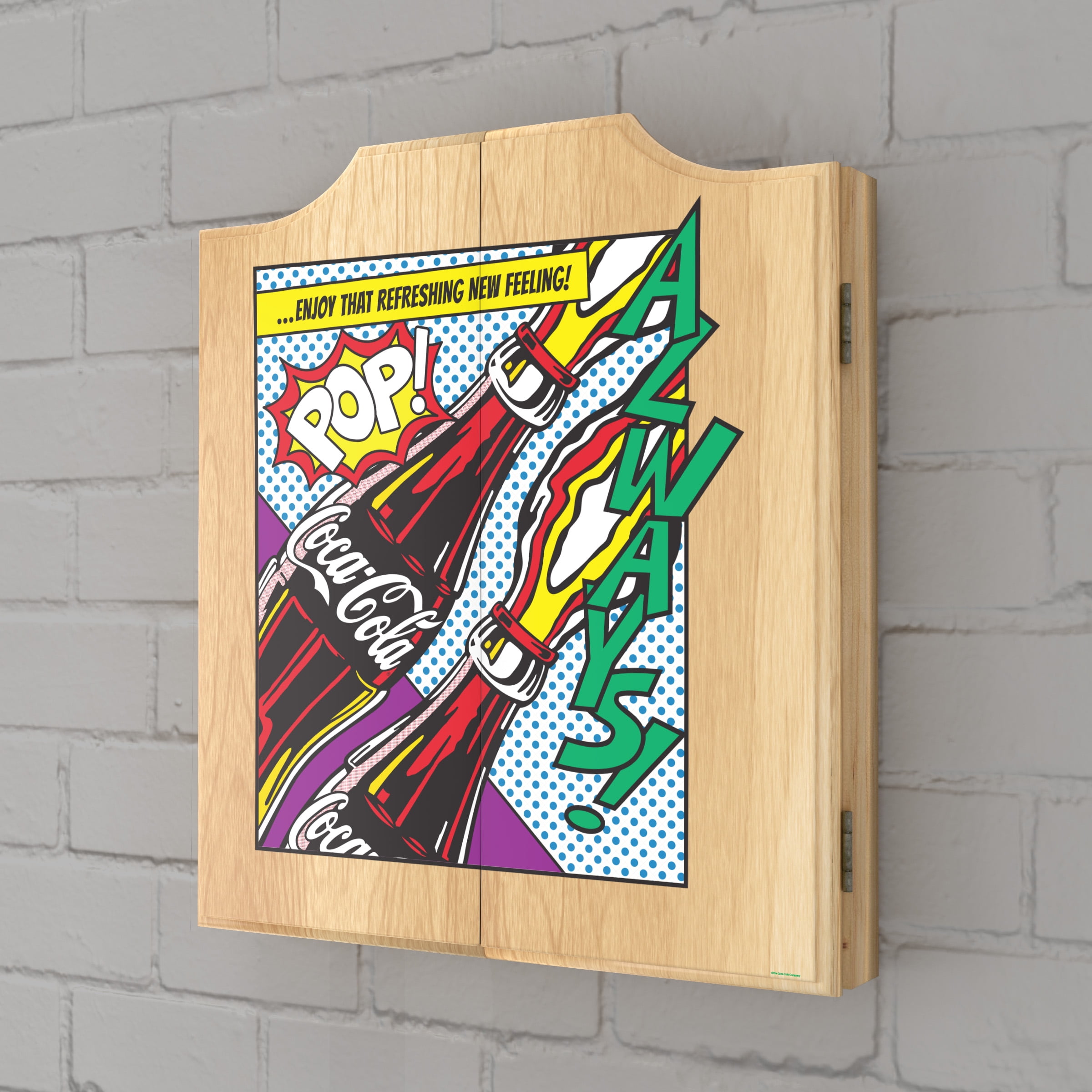 Coca-Cola Pop Art Dart Board Cabinet Set with 6 Steel Tip Darts