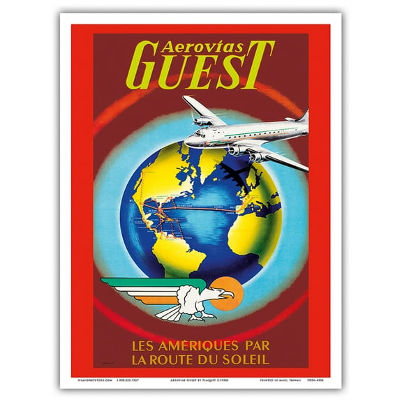 Aerovias Guest - Les Ameriiques Par La Route du Soleil (The Americas by the Sun Route) - Vintage Airline Travel Poster by Plaquet c.1950s - Master Art Print (Unframed) 9in x 12in
