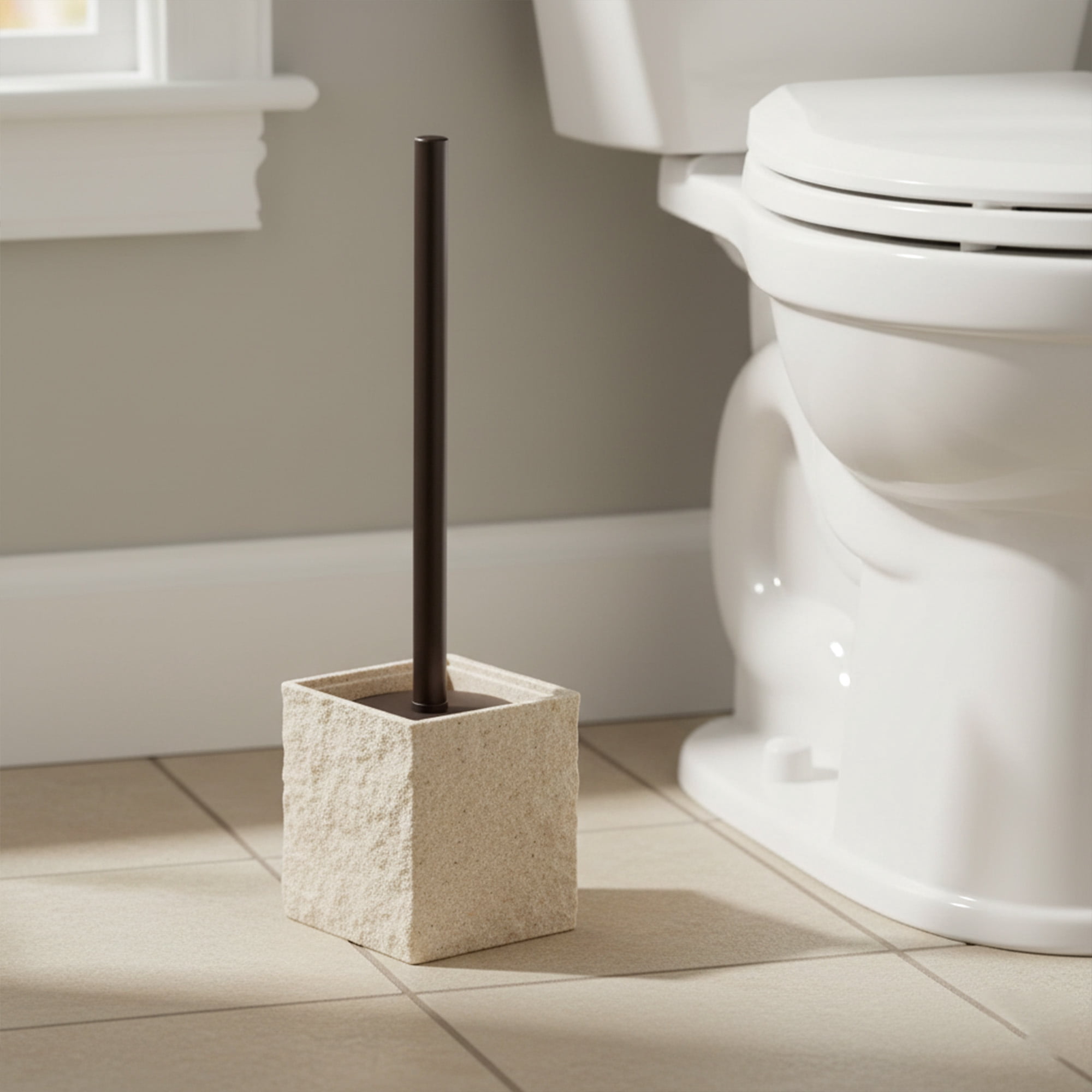 Natural Stone Effect Square Toilet Brush and Holder Set