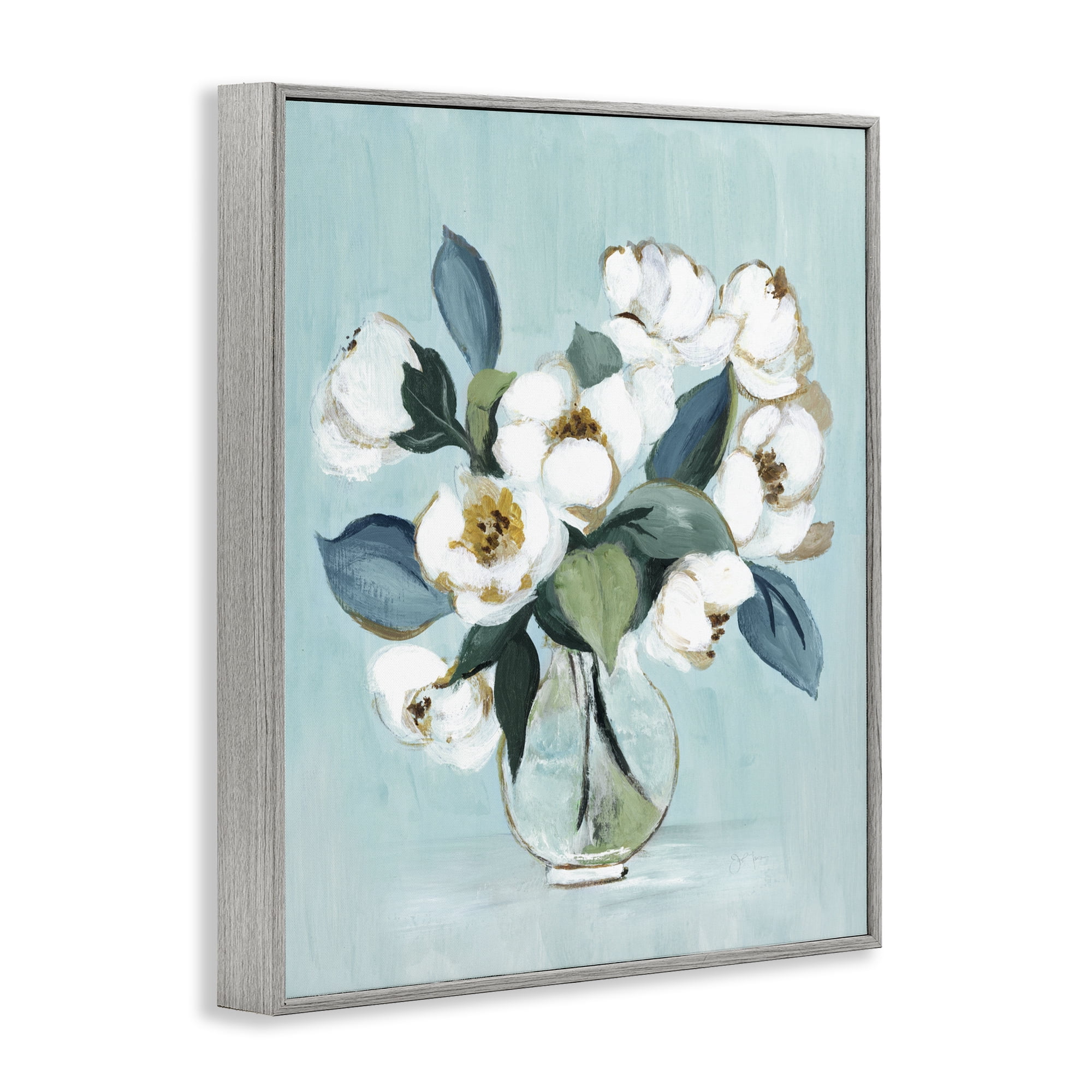 Stupell Industries Magnolia Arrangement over Blue Gray Framed Giclee Art, design by Janet Tava