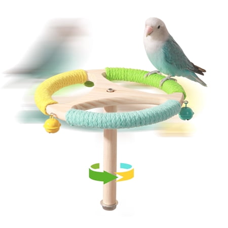 360° Interactive Rotating Bird Perch Toy with Bell - Natural Wood Spinning Cage Accessory for Parakeets, Budgies, Lovebirds, Cockatiels, Conures, Finches and Small/Medium Birds.