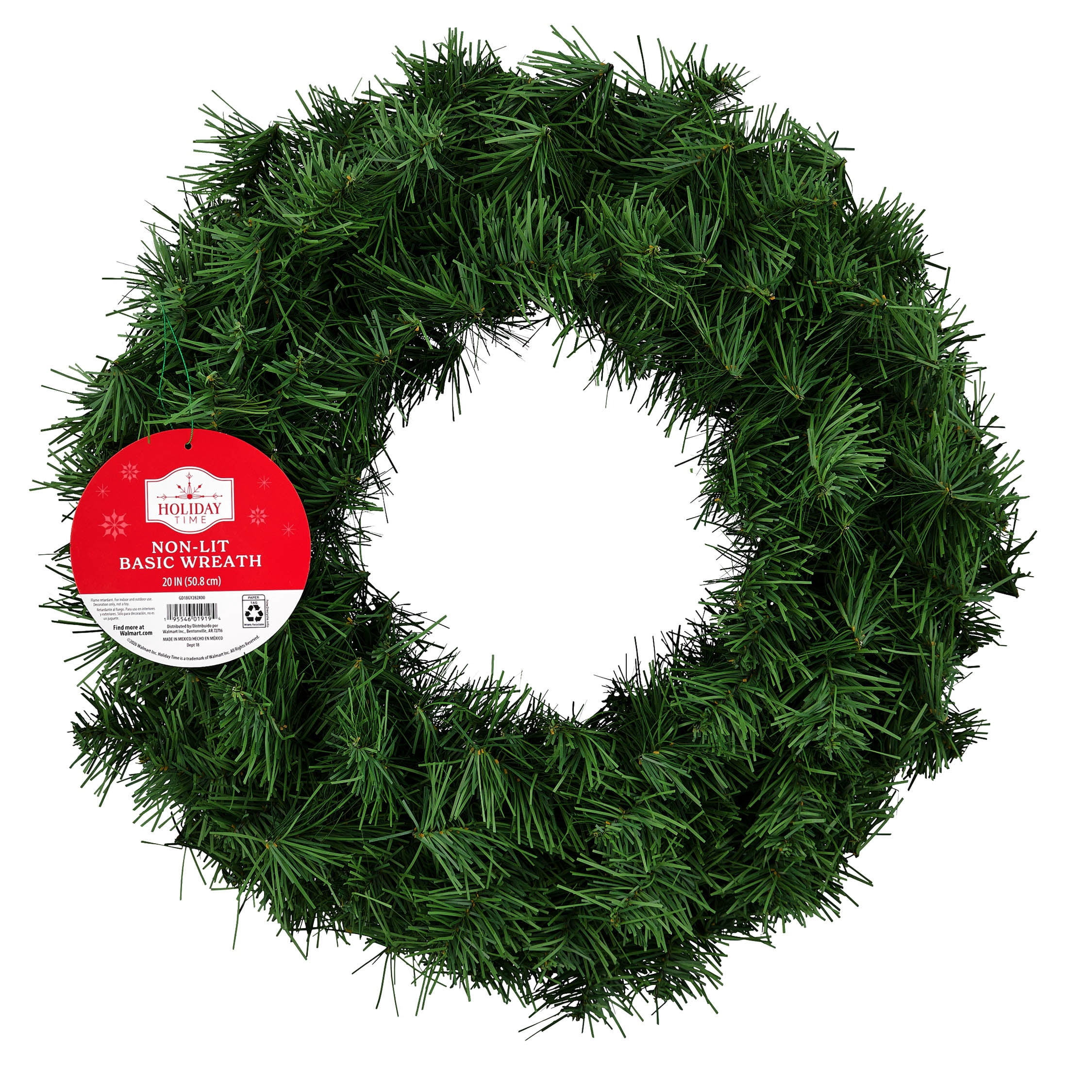 Non-Lit Basic Artificial Christmas Wreath, Green, 20", by Holiday Time
