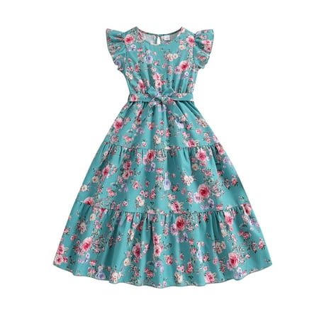 

Kids Clothes Girls Dresses Kids Children Girls Summer Sleeveless Flower Print Princess DressWith Belt Casual Dress For Girls Cute Summer Party Princess Blue 10Y