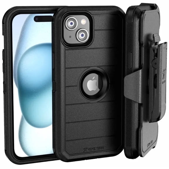 Rome Tech Dual-Layer Protective Holster Case with Screen Protector for Apple iPhone 15 Plus - Shockproof, Belt Clip, Black