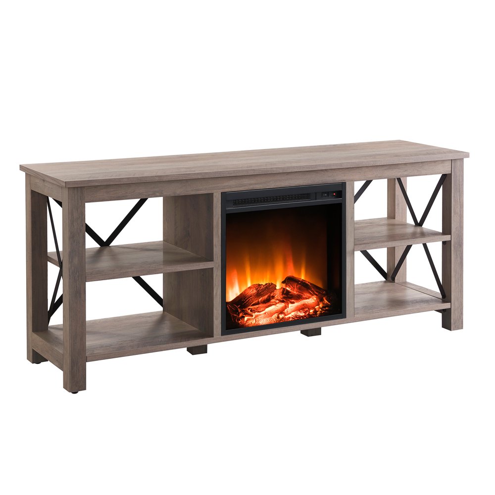 Evelyn&Zoe Modern Wood & Metal TV Stand with Log Fireplace Insert for