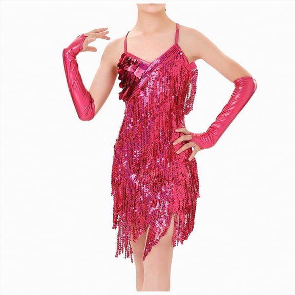 Sgkm Girls Dresses Vintage Sequins Fringe Party Dress with Gloves Latin Dance Girls Clothes Performance Costume