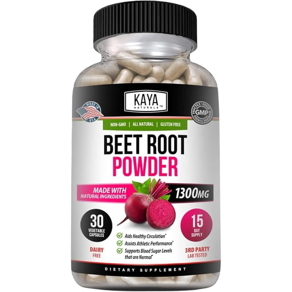 Kaya Naturals Premium Beet Root Powder Supplements - Promotes Healthy Circulation and Nitric Oxide Flow - Non-GMO and Gluten Free - 30 Count