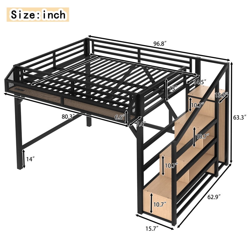 Queen Size Loft Bed with Storage Stairs,Shelves and Built-in Wardrobe, Metal Game Loft Bed Frame with USB Ports and LED Lights,Noise-reduced Design,Natural Wood