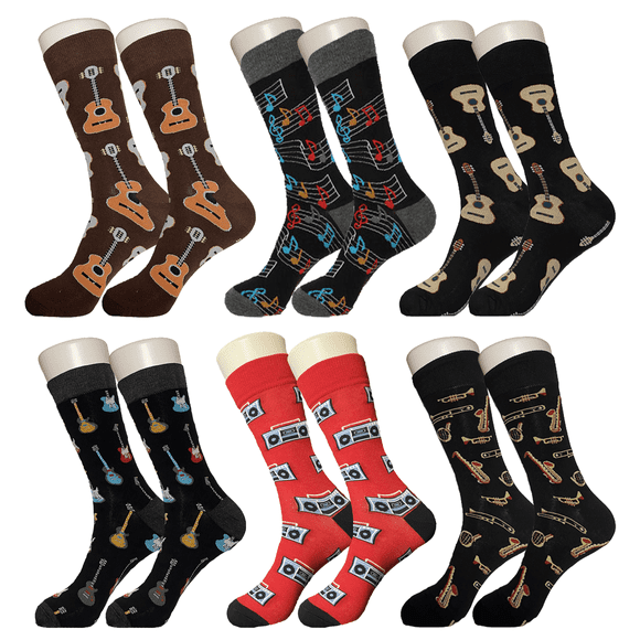 Music Novelty Sock Bundle - Sock Bro Mens 6 Pack - Guitars, Trumpet, Music Note, Boom Box Socks