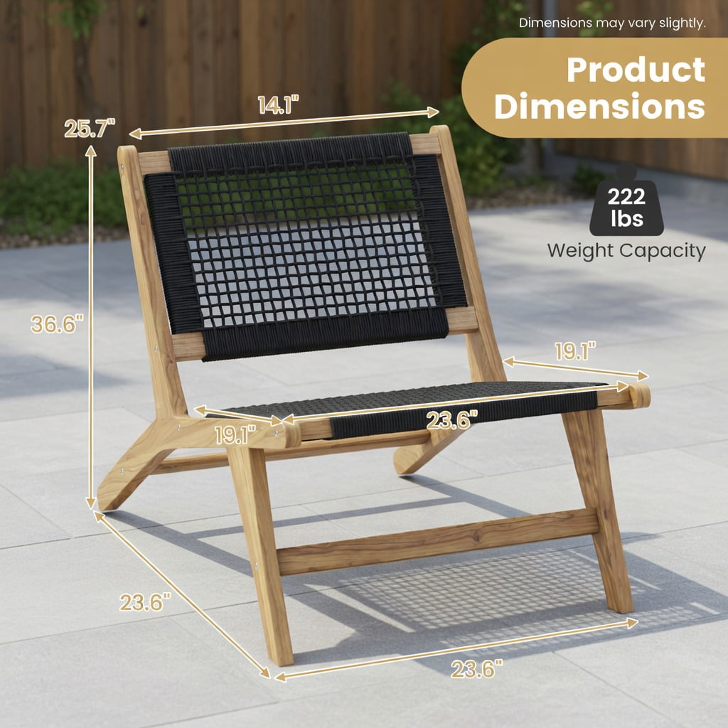 Hommoo Indoor Outdoor Teak Wood Dining Chair with Handwoven Cord Seat & Ergonomic Backrest, Natural + Black