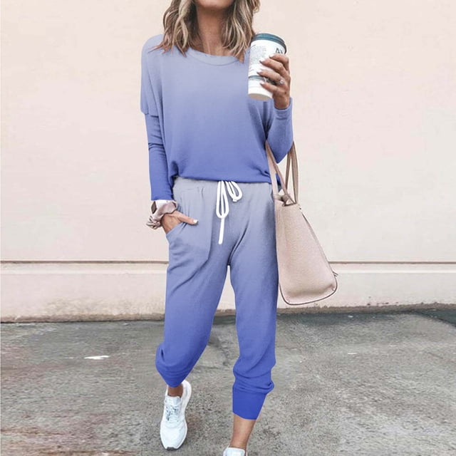 Puntoco Traje Casual Con Cordón Y Cuello Redondo De Manga Larga Con Estampado Degradado Suelto A La Moda Para Mujer Azul Claro Xl