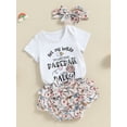 thumbnail image 4 of Musuos Baby Girl Outfit 3 6 12 18Months Short Sleeve Letter Print Romper with Baseball Pattern + Tiered Ruffled Shorts + Headband, 4 of 10
