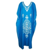 Mogul Women Blue Maxi Dress Caftan White Floral Embroidered Kimono Sleeves Resort Wear House Dress 3XL