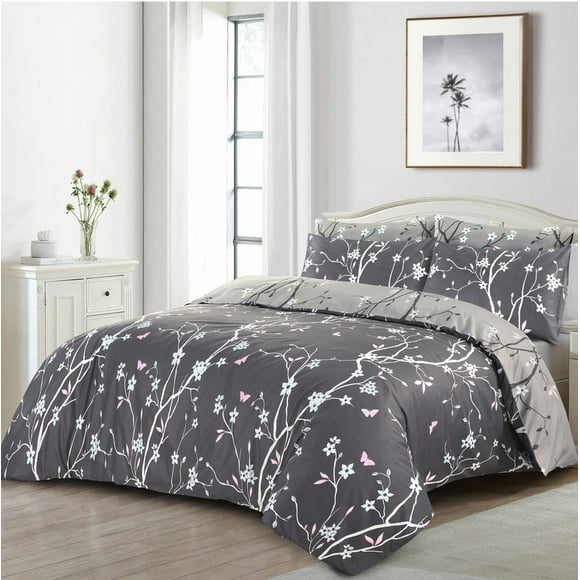 Juego de Funda Nórdica Estampada Gris con Fundas de Almohada Reversible Doble King