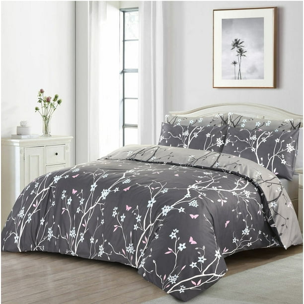 Juego de Funda Nórdica Estampada Gris con Fundas de Almohada Reversible Doble King