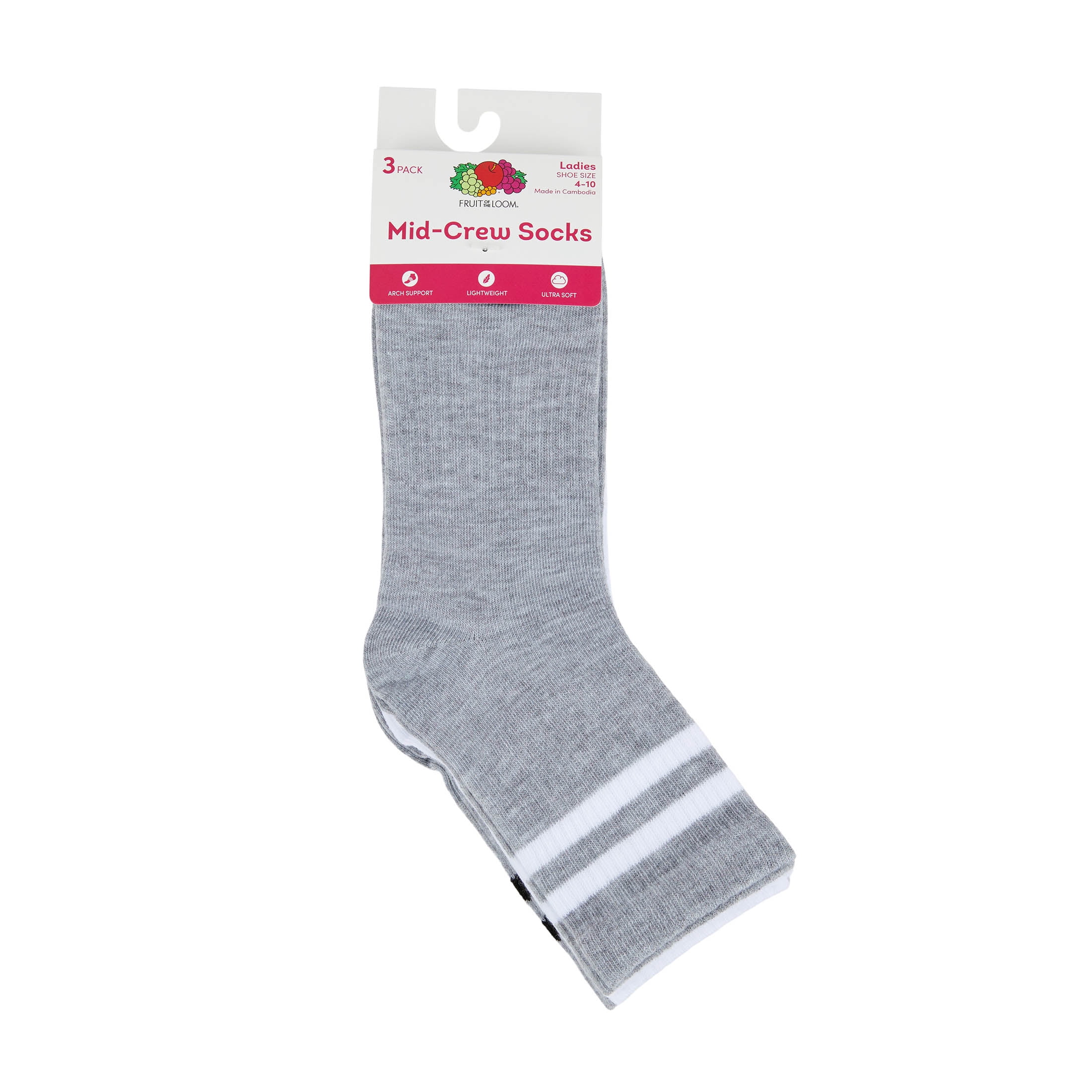 Fruit of the Loom Womens Value Mid Crew Socks, 3-Pack, Sock Sizes 4-10
