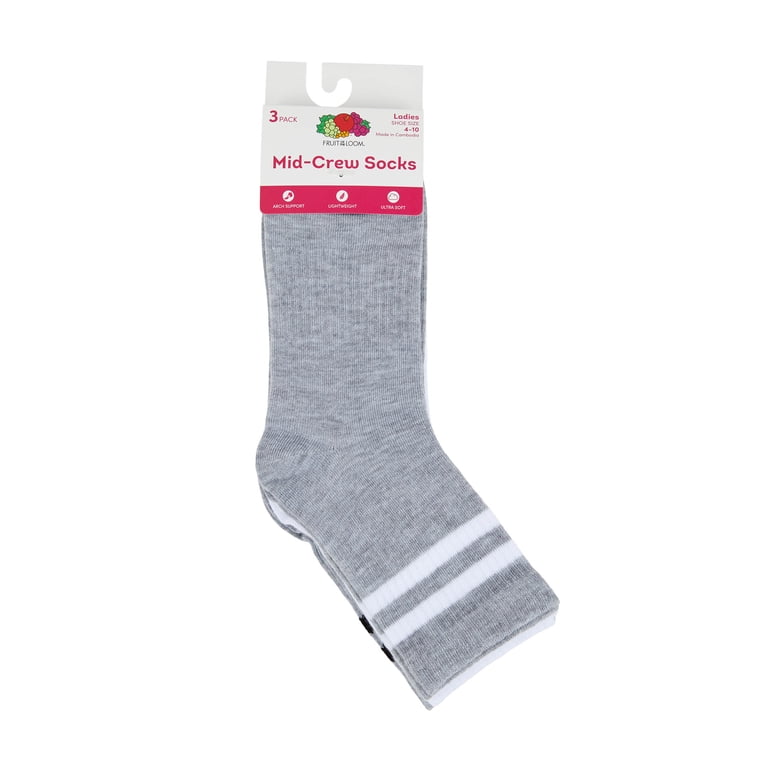 Fruit of the Loom Womens Value Mid Crew Socks, 3-Pack, Sock Sizes