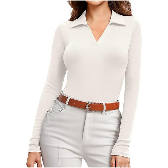 cfhntfmh Long Sleeve Shirts for Women Slim Fitted Collared V Neck Shirts Business Casual Work Tops Women Fall Outfits