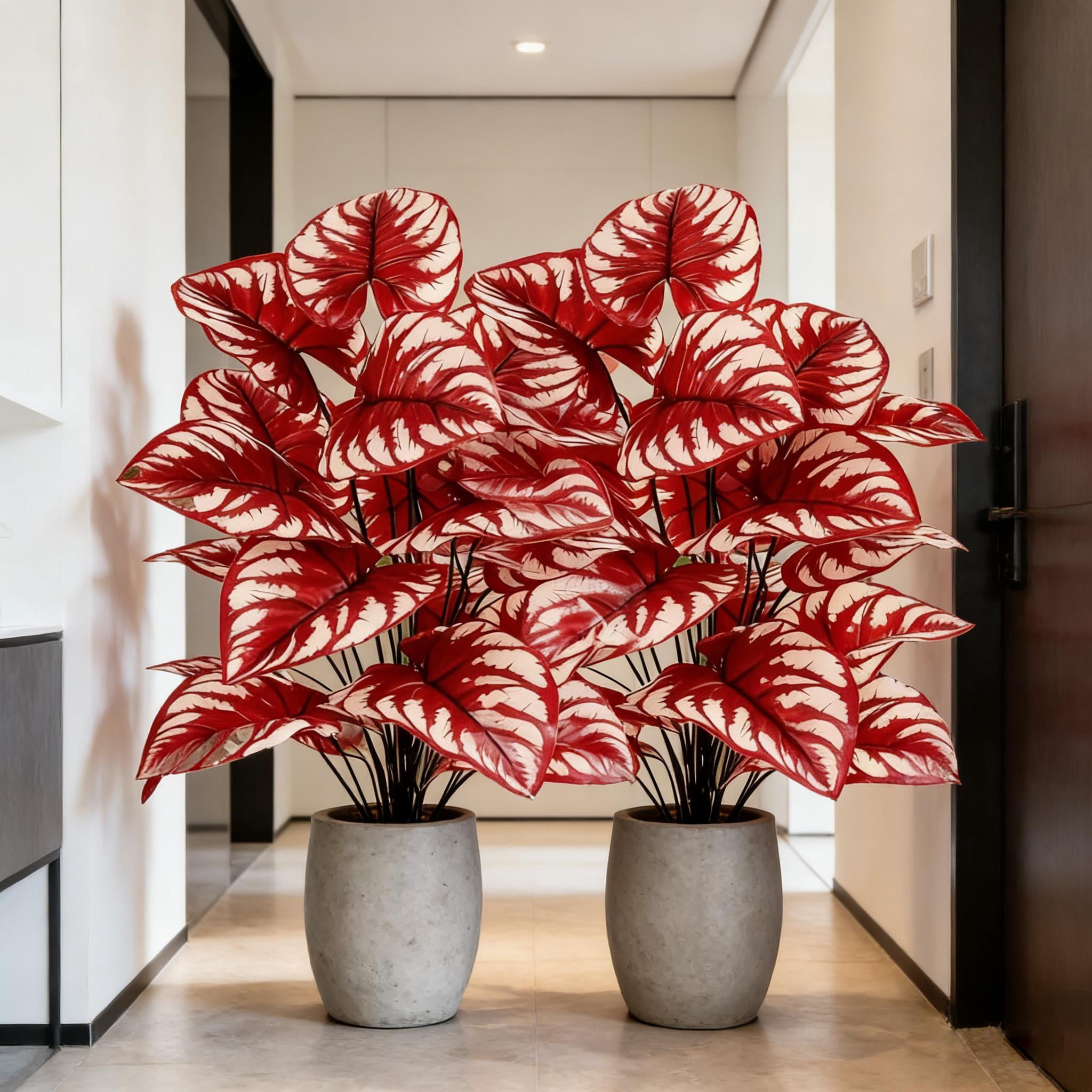 2 PCS 27.5 Inch Artificial Caladium Plants, Faux Red Leaf Caladium, UV Resistant Fake Plants for Indoor Outdoor Home Garden Decor, No Pot Included