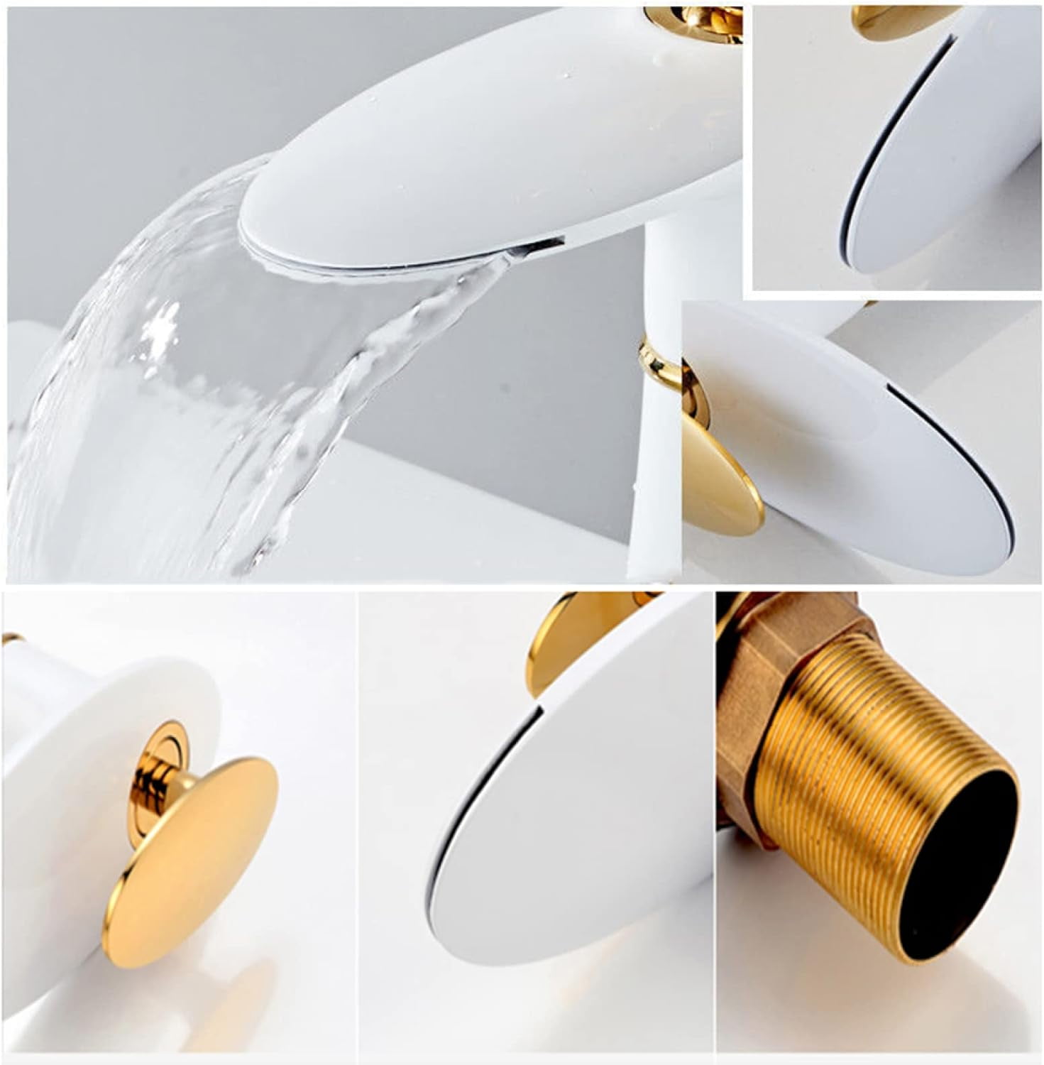 Basin Faucet Waterfall, Sink Faucet Hot and Cold Mix Tap, Brass Faucet Bathroom, Waterfall Single Handle Bathroom Sink Faucet, White Gold B, Short