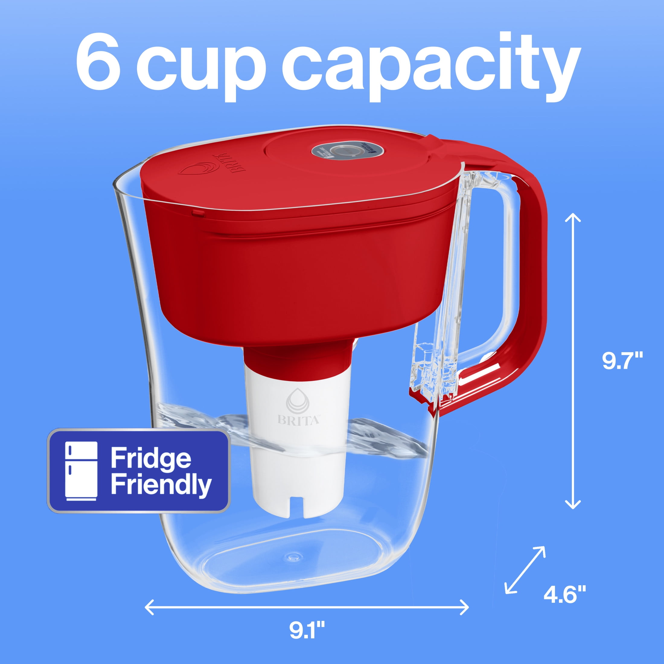 Brita Small 6 Cup Red Denali Water Filter Pitcher with 1 Brita Standard Filter