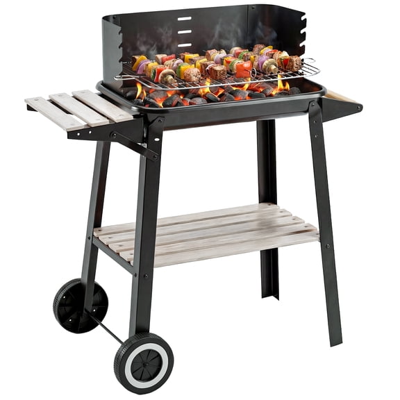 Outsunny Portable Outdoor Charcoal BBQ Grill with Adjustable Cooking Grate & Wind Shield, Barbecue Trolley with Storage Shelves and Wheels for Outdoor Cooking