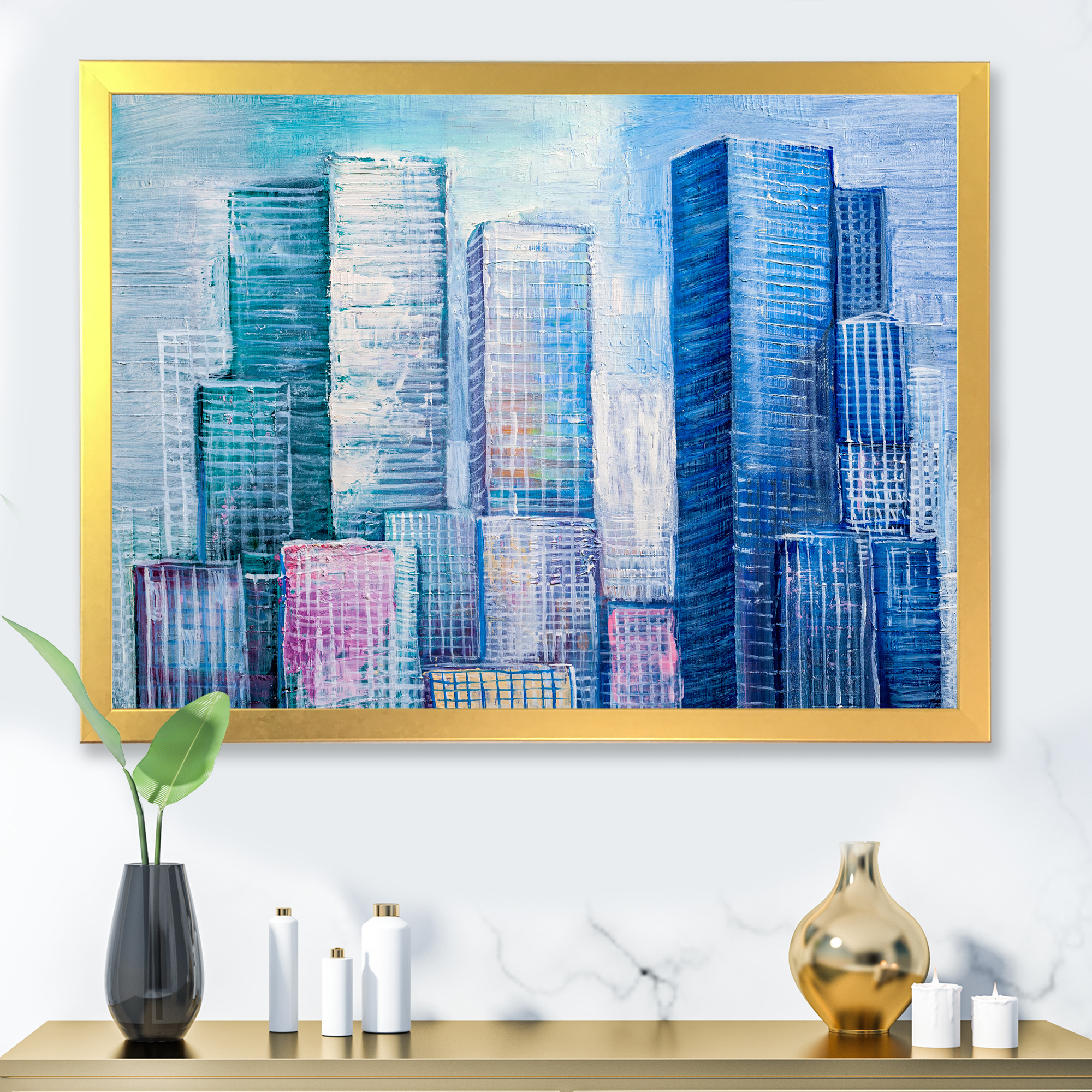 Designart 'Abstract Style Cityscape Panorama Skyscrapers I' Modern Framed Art Print