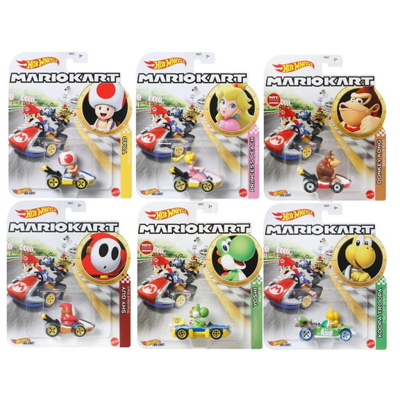 Hot Wheels Mario Kart Die-Cast Character Cars Collection, 6-Pack Set, Toad, Princess Peach, Yoshi, Donkey Kong, Koopa Troopa, Shy Guy Gbg25-957h