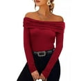 thumbnail image 3 of TKLPEHG Long Sleeve Shirts for Women Crew Neck Slim Off Shoulder Top Casual Fashion Solid Color Fall Tops Comfy Lightweight Pullover (Wine,S), 3 of 8