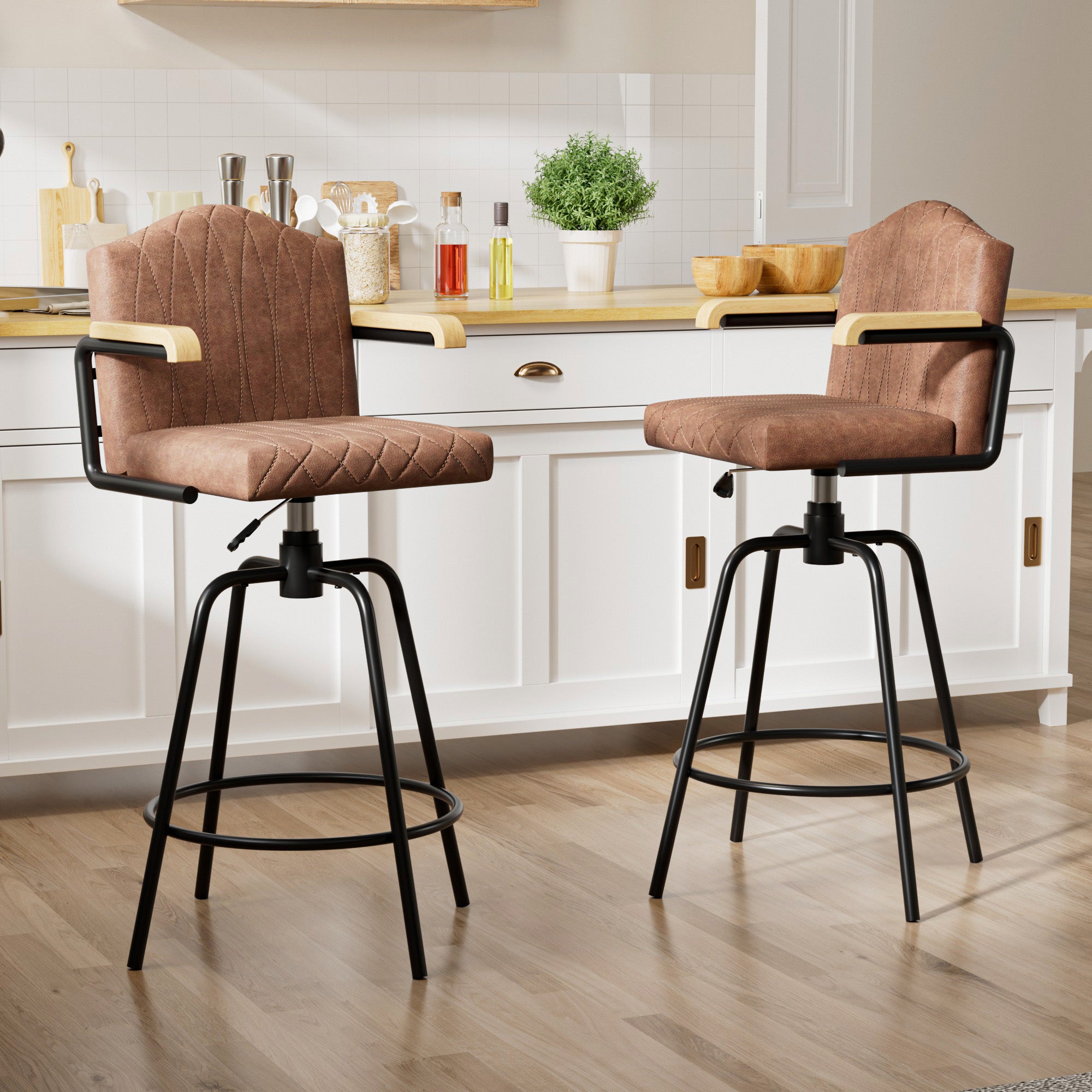 VECELO Swivel Bar Stools Set of 2 with Back and Armrest, Counter Height, Velvet Upholstered Bar Chairs for Kitchen Island & Home, Brown