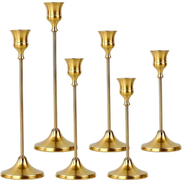 Juego de Candelabros de Metal, Porta Velas Decoración de Mesa Moderno y Simple, Adornos de Decoración de Ambiente para Fiestas de Bodas, Halloween, Navidad y San Valentín. (6, Latón)