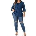 thumbnail image 2 of Blusa elegante casual de mujer plus size Agnes Orinda con volantes, manga 3/4, escote en V, talla 1X, color azul, 2 of 6