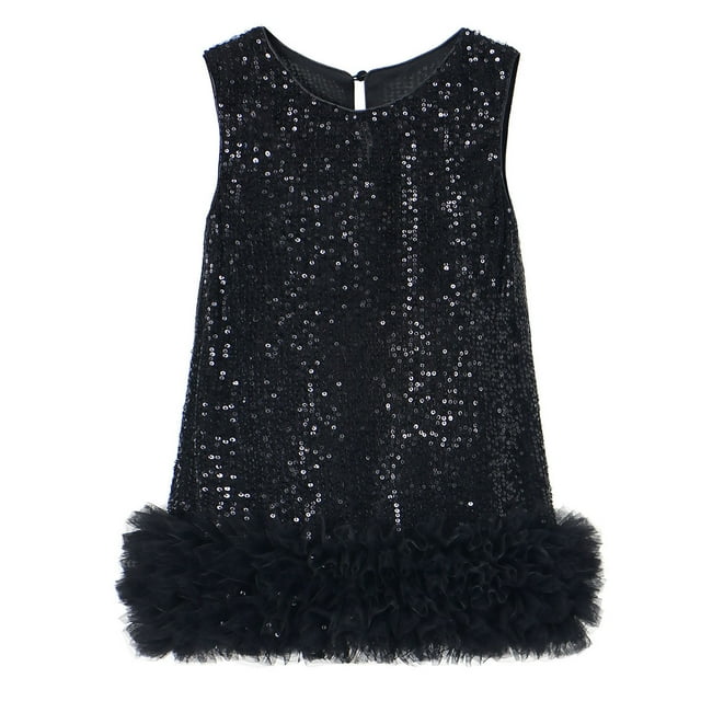 Splozh Robe Fillette Robe Sans Manches Robe Fille Ligne A Scintillante Robe de Mariée Sans Manches Robes de Fête pour Filles Noir, 5-6 Ans
