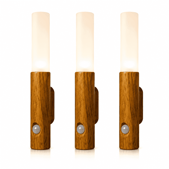 Sycees Night Light 3 Pack, Wood Grain Magnetic Motion Sensor LED Light, Usb Rechargeable Dimmable Lamp with 3 Color Temperatures for Cabinet Closet Stairs
