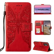 Samsung Galaxy A32 5G Wallet Case, Dteck Embossed Butterfly PU Leather Folio Flip Phone Case Stand Protective Cover with Credit Card Holder / Hand Strap for Samsung Galaxy A32 5G, Red