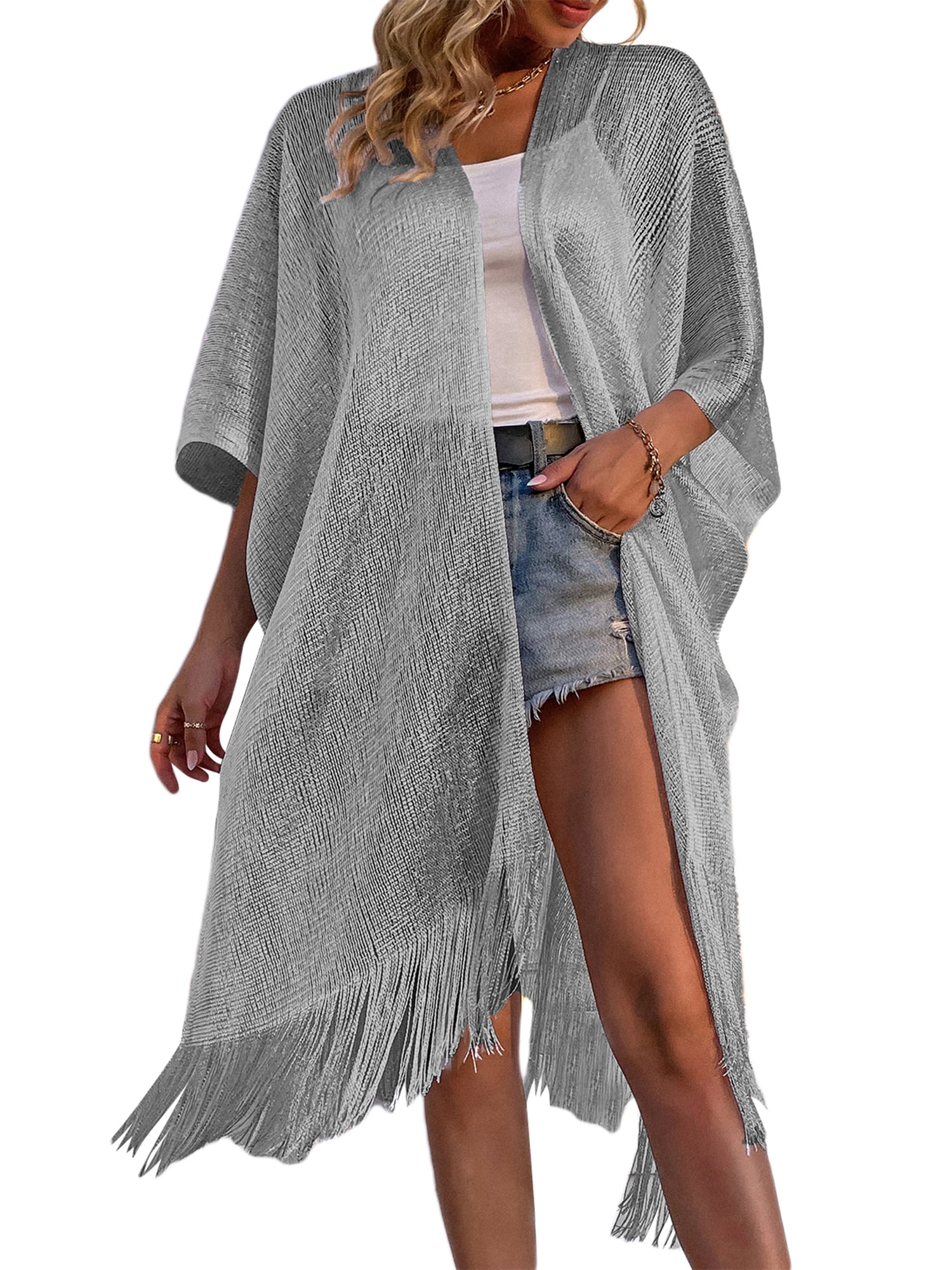 Women's 2023 Fashion short Sleeve Tassel Fringe Kimono Cardigan Swimsuit Bikini Beach Cover Up