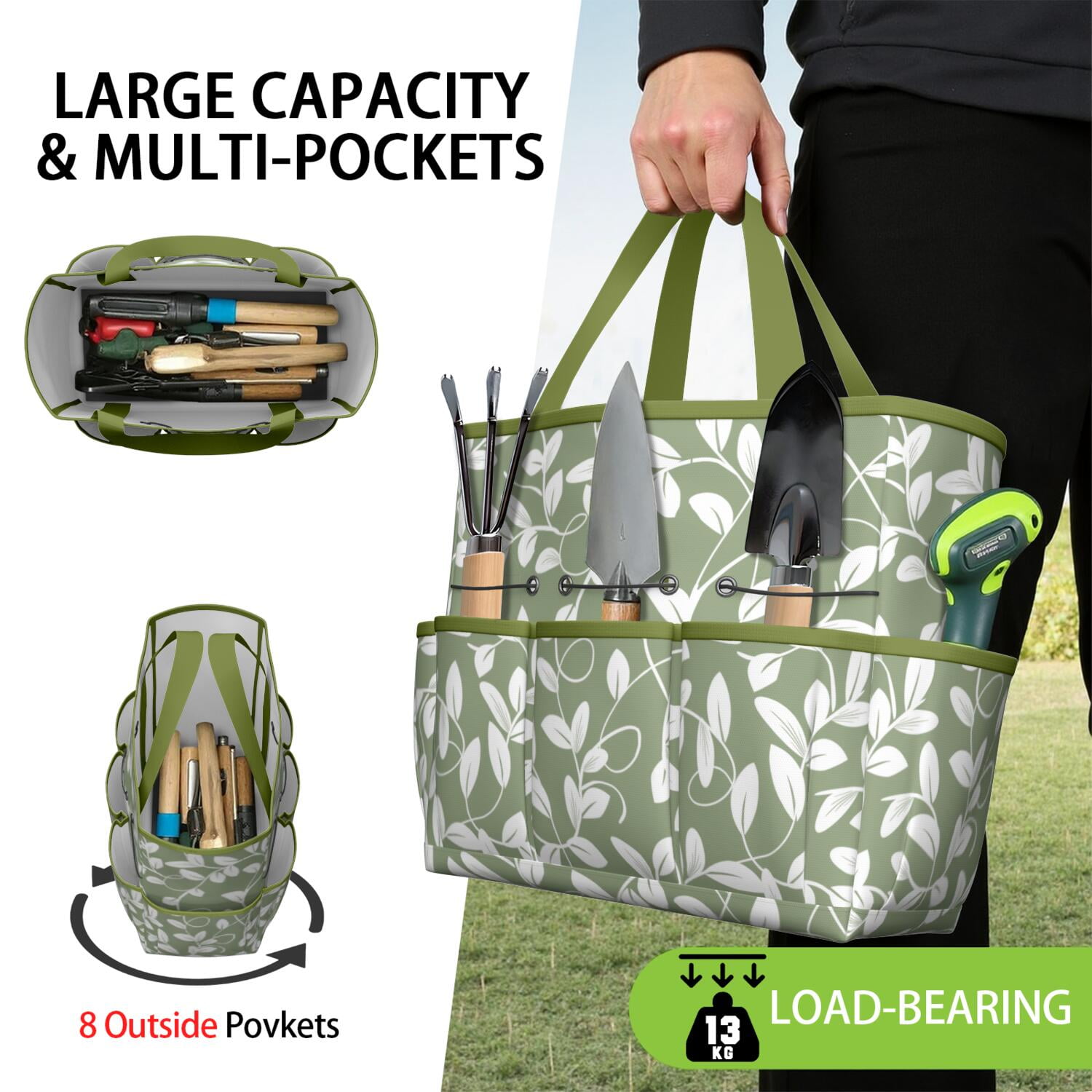 Bright Flowers Garden Tools Bag, Water-proof Oxford Garden Tote Home Organizer Gardening Tool Bag Kit Holder with 8 Pockets for Indoor and Outdoor Gardening(Tools Not Included)